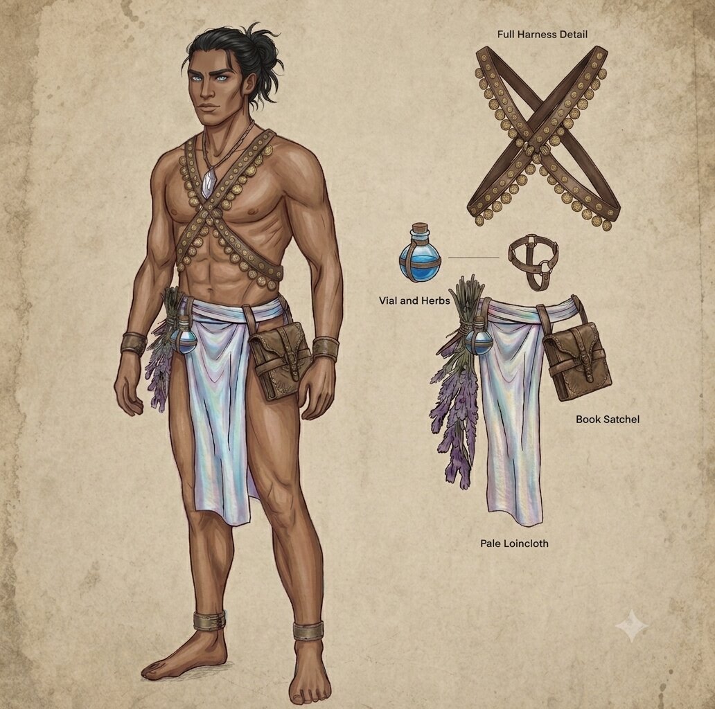 Tenue de cérémonie Valshaari — détails du harnais, de la fiole et de la sacoche